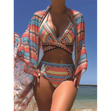 Three Piece Swimsuit + Bikini Cross Straps + High Waist Veil