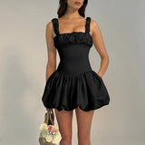 Gathered Puffy Suspender Dresses