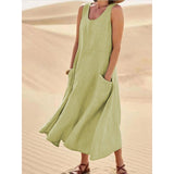 Sleeveless Round Neck Cotton And Linen Dress