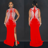 Mesh Rhinestone Slit Maxi Dress