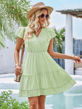 Short Sleeved Cross V-Neck Waist Cinched Mini Dress