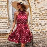 Halter Neck Strappy Pleated Sleeveless Polka Dot Dresses