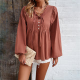 Solid Color V-Neck Long-Sleeved Tops