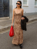 Leopard Print V-Neck Backless Suspender Dresses