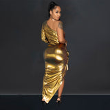 One Shoulder Gilded Sleeve Pleated Maxi Dress