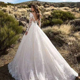 Long Sleeve Solid Color See-Through Lace Bridal Wedding Dress