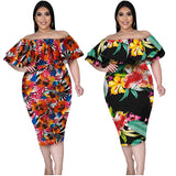 Off Shoulder Floral Print Bodycon Midi Dresses