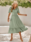 V-Neck Ruffle Sleeve Solid Color Long Dress