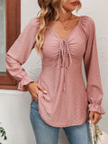 V-Neck Drawstring Waist Sexy Long Sleeve Solid Color T-Shirt