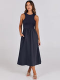 Round Neck Ribbed Sleeveless Dress With Pockets