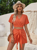 Lace-Up Solid Color Casual Short-Sleeved Shorts Suits