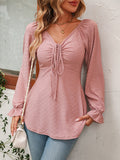 V-Neck Drawstring Waist Sexy Long Sleeve Solid Color T-Shirt