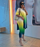 Plus Size Two Piece Tie Dyed Slit Tops+Bodycon Pants Sets