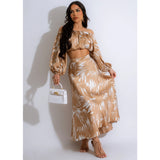 Printed Sexy Long-Sleeved Navel-Baring Long Dress Two-Piece Set