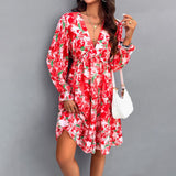 Printed V-Neck Long Sleeved Dresses