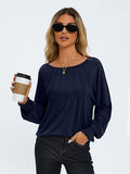 Round Neck Pleated Long Sleeve Casual T-Shirt