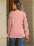 Lace Panel Round Neck Pleated Long Sleeve Top