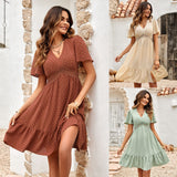 V-Neck Solid Color Ruffle Sleeve Dress