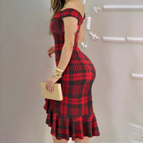 One-Shoulder Sexy Off-Shoulder Plaid Ruffle Dress