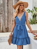 Solid V-Neck Sleeveless Lace Waistband Dress