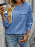 Solid Color Round Neck Pocket Casual Loose T-Shirt