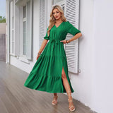 V-Neck Button Drawstring Hem Short Sleeve Dress