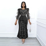 Two Piece Beads Mesh Patchwork Skirt Suits