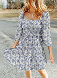 Square Neck Shirred Three-Quarter Sleeve A-Line Printed Dress