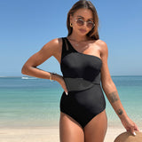 Solid Color One Shoulder Patchwork Mesh Swimsuits