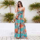 Summer V Neck Spaghetti Strap Backless Sleeveless Boho Floral Maxi Dresses