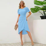 Round Neck Short Sleeve Puff Sleeve Slim Fit Dress