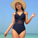 Solid Color Mesh Webbing One-Piece Swimsuit