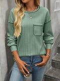 Solid Color Round Neck Pocket Casual Loose T-Shirt