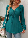 V-Neck Drawstring Waist Sexy Long Sleeve Solid Color T-Shirt