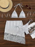 Three-Piece Fringed Lace-Up Bikini Sets