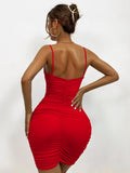 Spaghetti Strap Backless Ruched Bodycon Midi Dresses