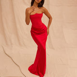 Waist Tied Strapless One Line Neckline Long Skirt