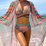 Three Piece Swimsuit + Bikini Cross Straps + High Waist Veil