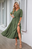 V-Neck Button Drawstring Hem Short Sleeve Dress