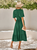 V-Neck Ruffle Sleeve Solid Color Long Dress