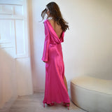 Long-Sleeved Paneled Satin Backless Slit Maxi Dress