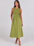 Round Neck Ribbed Sleeveless Dress With Pockets