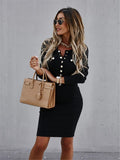 Round Neck Button Long Sleeve Tight Dress