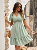 V-Neck Solid Color Ruffle Sleeve Dress