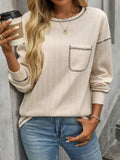 Solid Color Round Neck Pocket Casual Loose T-Shirt