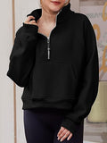 Cropped Stand Collar Thumb Hole Fleece Sweatshirt