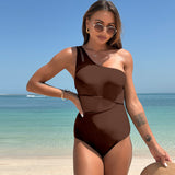 Solid Color One Shoulder Patchwork Mesh Swimsuits