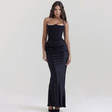 Waist Tied Strapless One Line Neckline Long Skirt