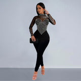 Mesh Rhinestone Long-Sleeved Trousers Jumpsuit