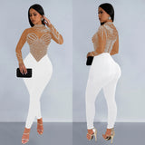 Mesh Rhinestone Long-Sleeved Trousers Jumpsuit